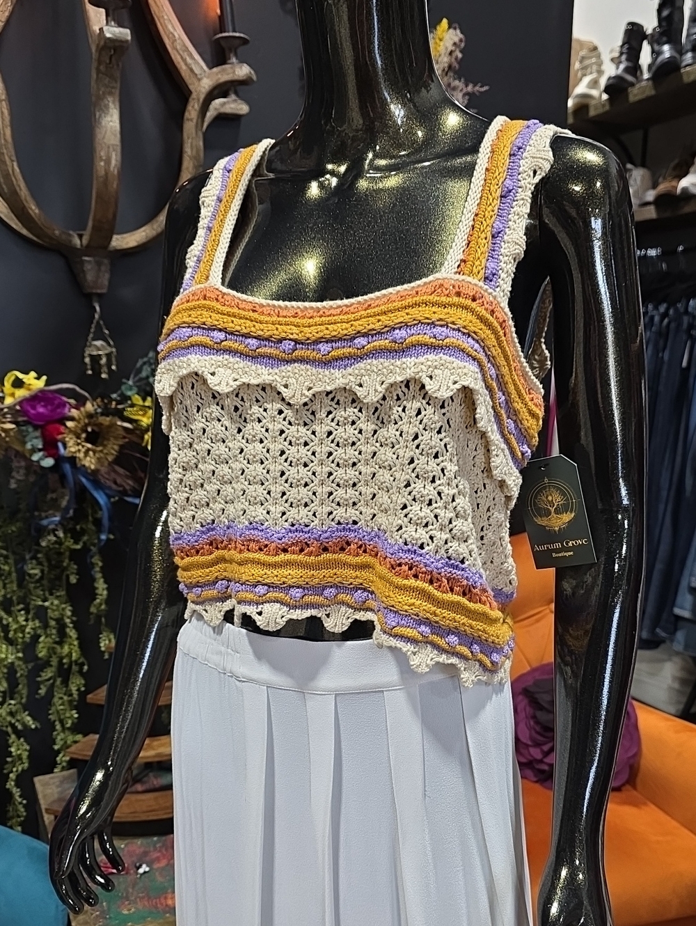June & Hudson Crochet Crop Top in Cream with Yellow & Purple Trim